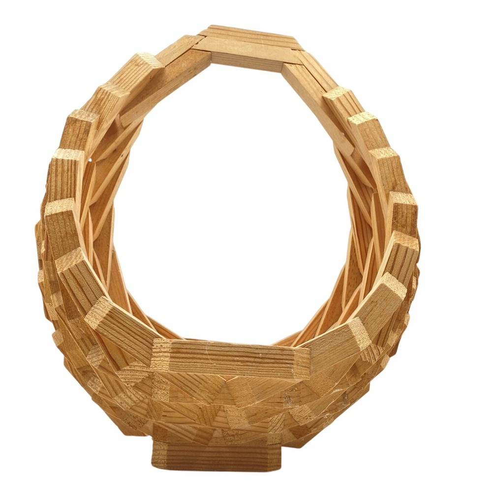 Vintage Wooden Brown Geometric Basket Hand Made Block Mid Century Modern MCM